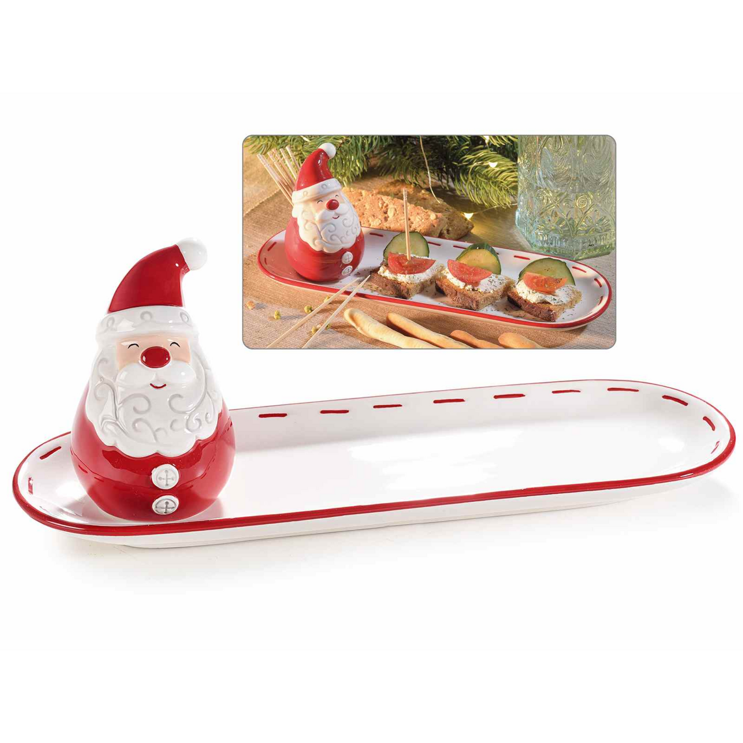 Set Porta Stuzzicadenti Babbo Natale e Piatto Aperitivo Ceramica 01